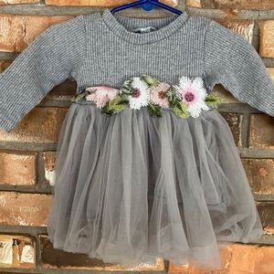 Baby Girl Gray Long Sleeve Floral Pattern Mesh Layered Tutu Dress 6M